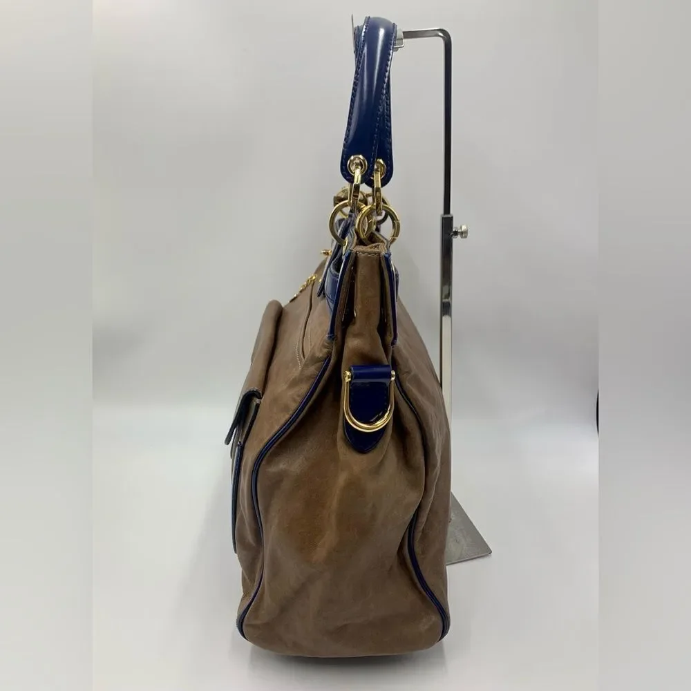 Auth Balenciaga Smooth Brown Leather Navy Patent Top Handle Moon Bag Preloved